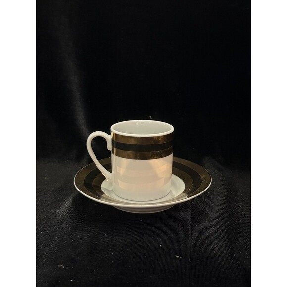 L.Godinger & Co Demitasse Demi Cup Saucer Harlequin Black Gold Stripes Espresso - Picture 1 of 3